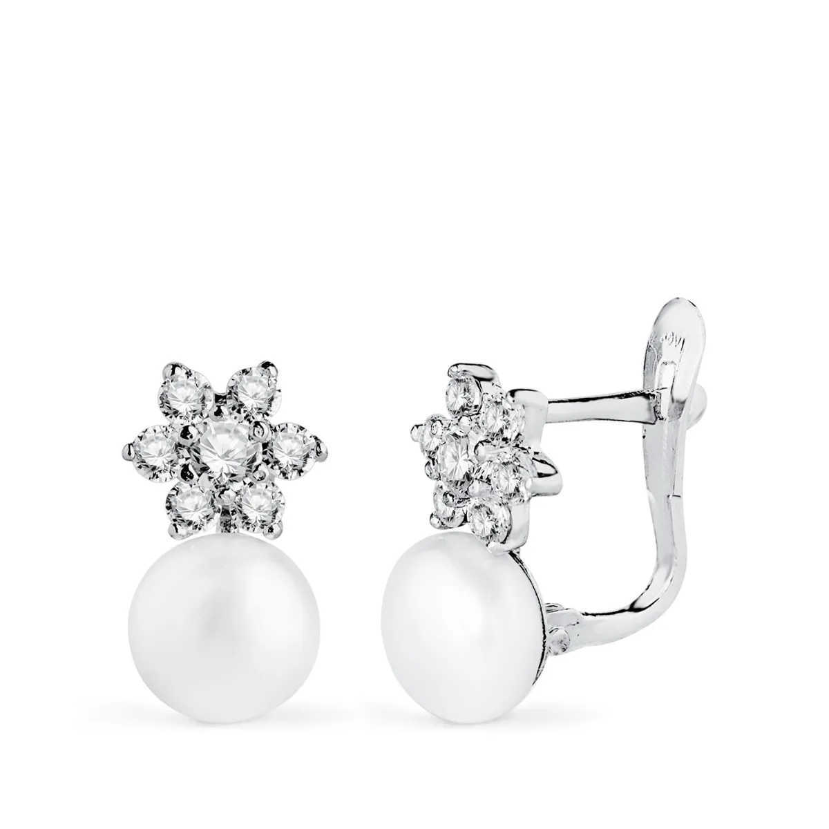 18K PENDIENTES ORO BLANCO PERLAS Y CUAJO CON CIRCONITAS. MEDIDA: 12X7 MM. CIERRE CATALAN