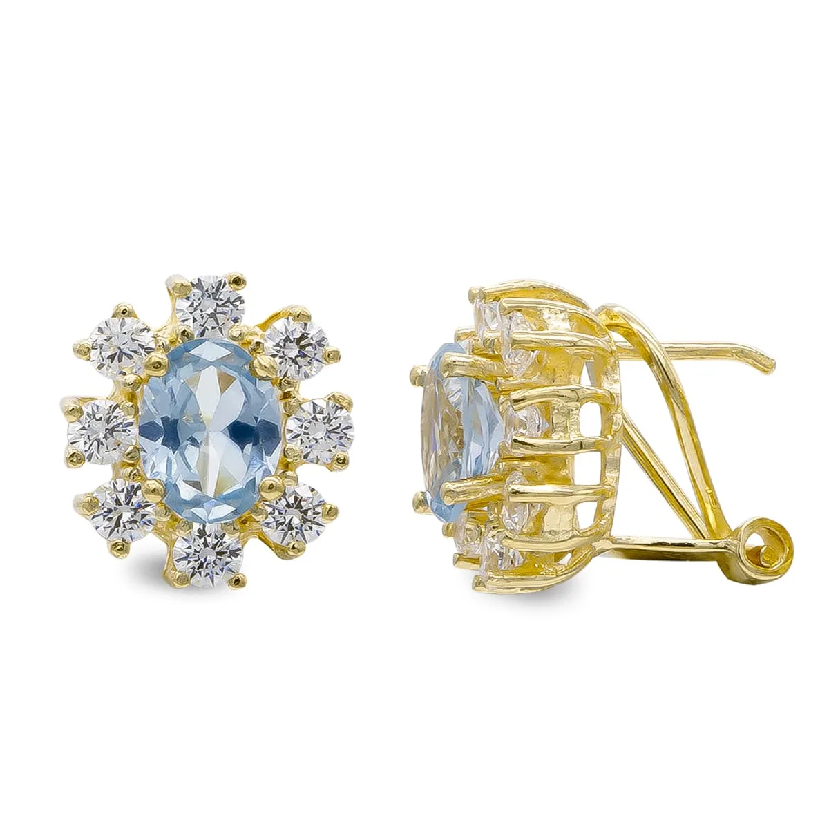 18K PENDIENTES ORO AMARILLO AGUAMARINA 7X5 MM CIRCONITA CIERRE OMEGA