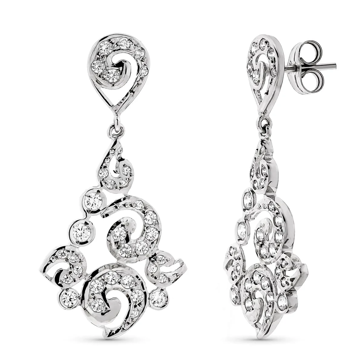 18K PENDIENTES ORO BLANCO LARGOS FILIGRANA CIERRE PRESION