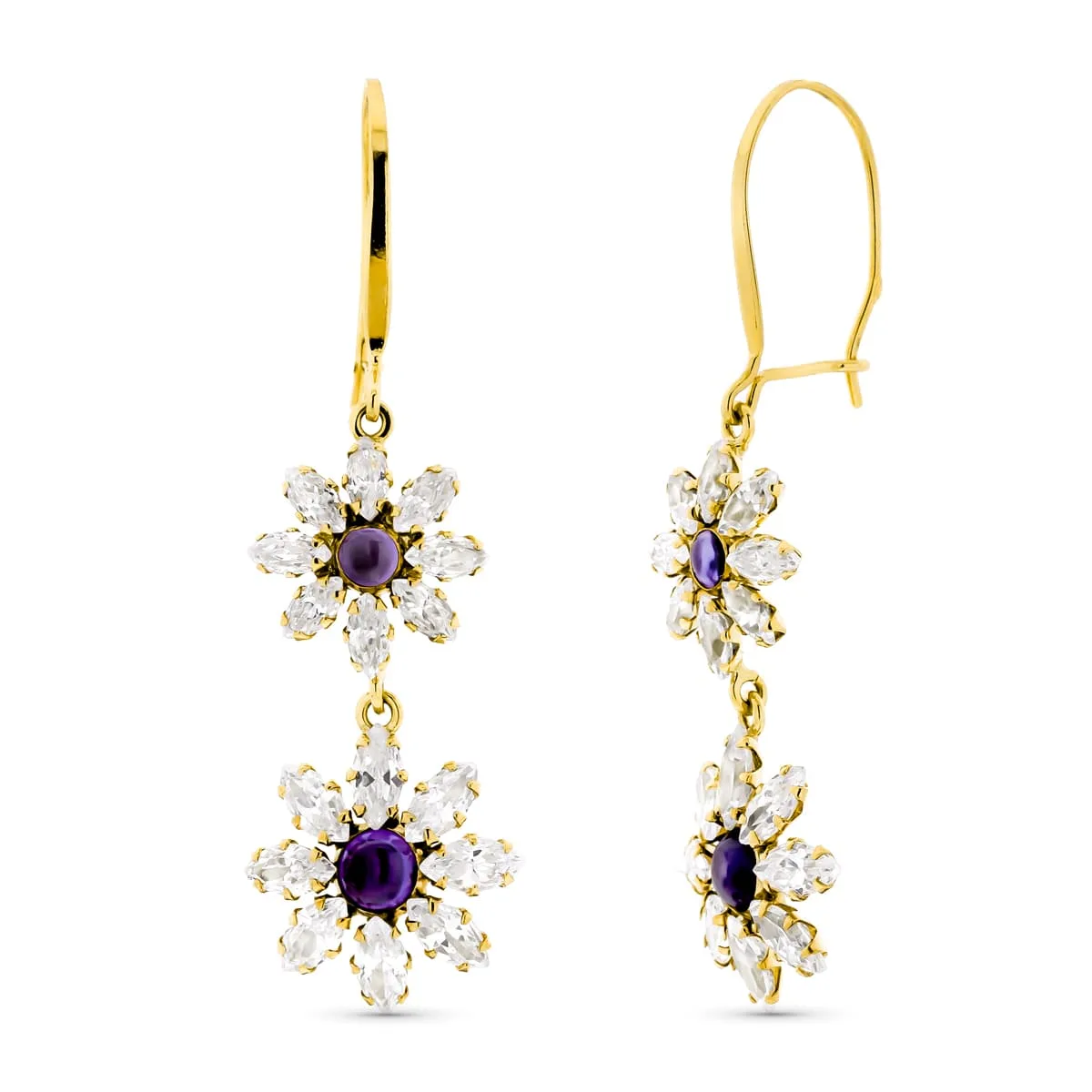 18K PENDIENTES ORO AMARILLO LARGOS FLORES CIERRE GANCHO