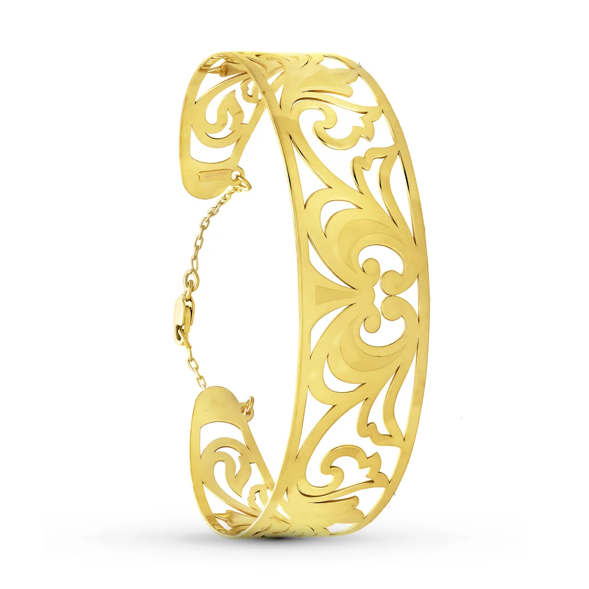 18K PULSERA RIGIDA ORO AMARILO CALADA MATE BRILLO MEDIDA INTERIOR 65X50 MM ANCHO TOTAL 20 MM CIERRE MOSQUETON CON CADENA