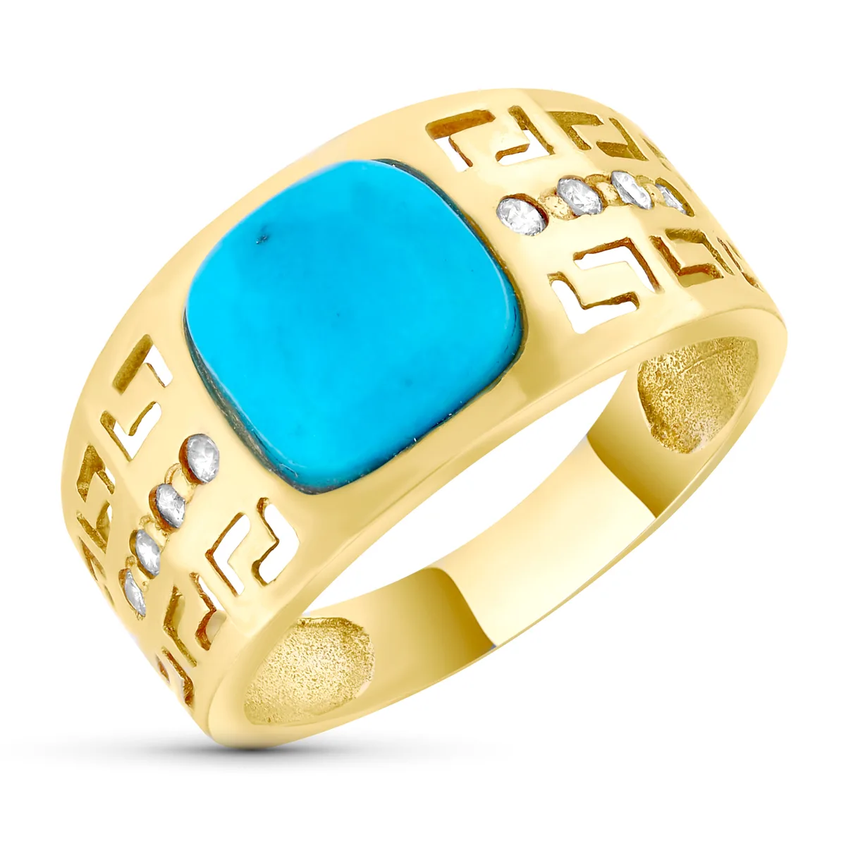 18K SORTIJA ORO AMARILLO GRECA CALADA Y TURQUESA FINA. ANCHO: 10,5MM