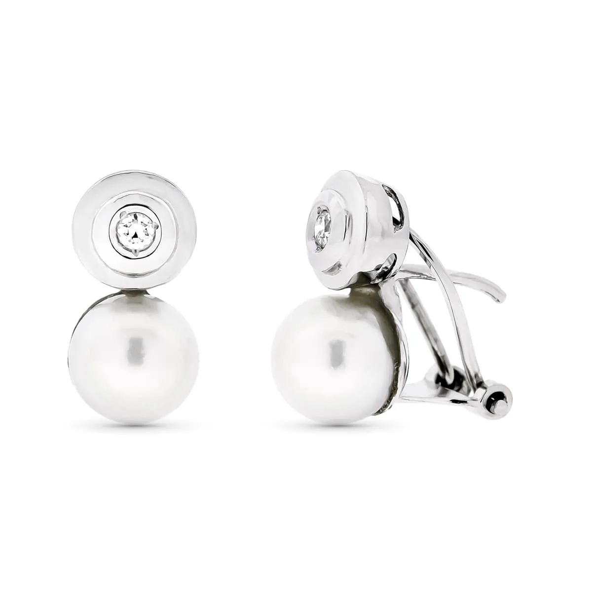 18K PENDIENTES ORO BLANCO PERLA CULTIVADA 7 MM 14X7 MM CIERRE OMEGA