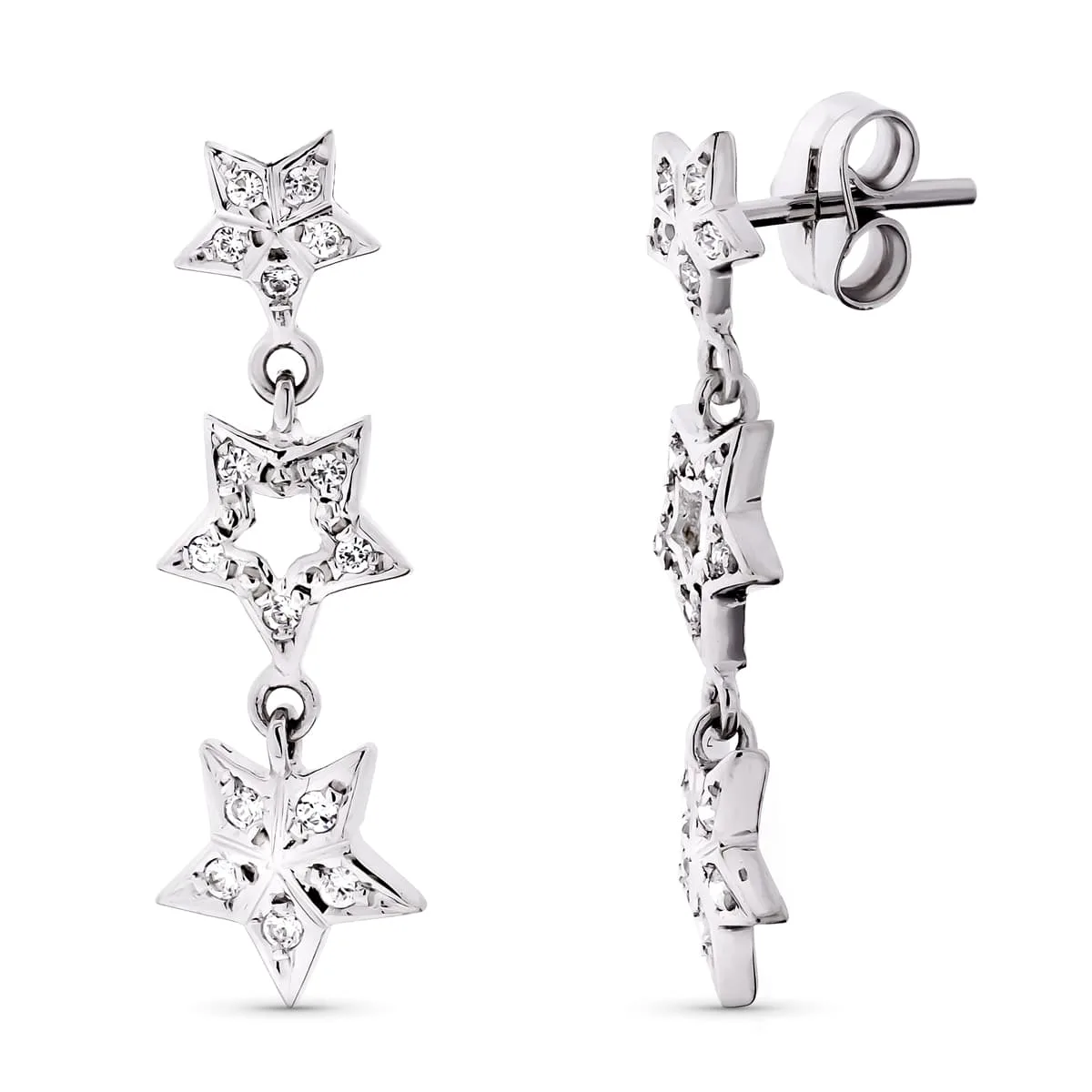 18K PENDIENTES ORO BLANCO LARGOS CIRCONITA Y ESTRELLAS. 27X8 MM CIERRE PRESION