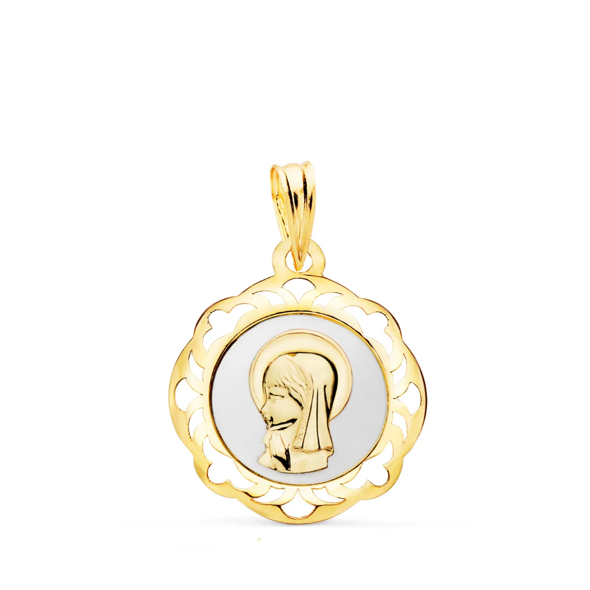 18K MEDALLA ORO AMARILLO VIRGEN NIÑA ESMALTE BLANCO Y CERCO CALADO EN BRILLO 20X18 MM