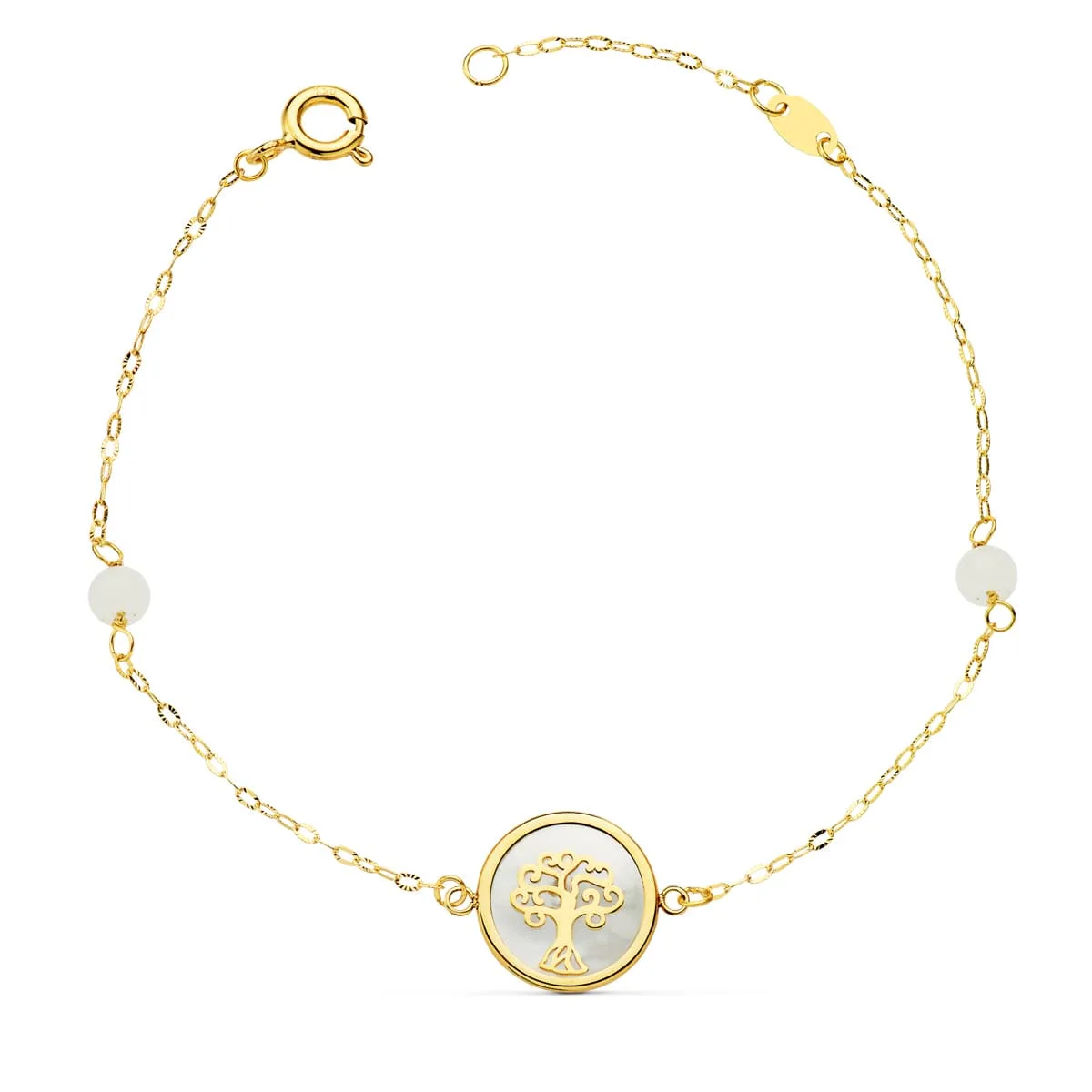 18K PULSERA ORO AMARILLO NACAR CON AMULETO ARBOL DE LA VIDA 12 MM Y BOLAS JADE 4 MM CADENA 18   2.5 CM