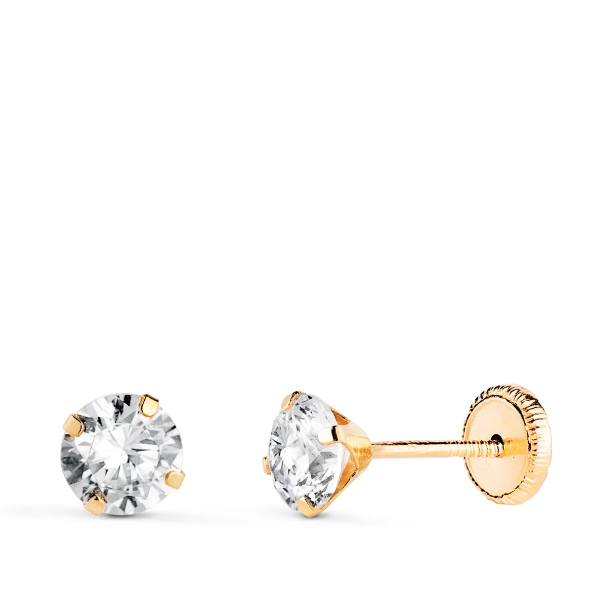 18K PENDIENTES ORO AMARILLO 4 GARRAS CON CIRCONITA. ANCHO: 5 MM CIERRE TUERCA