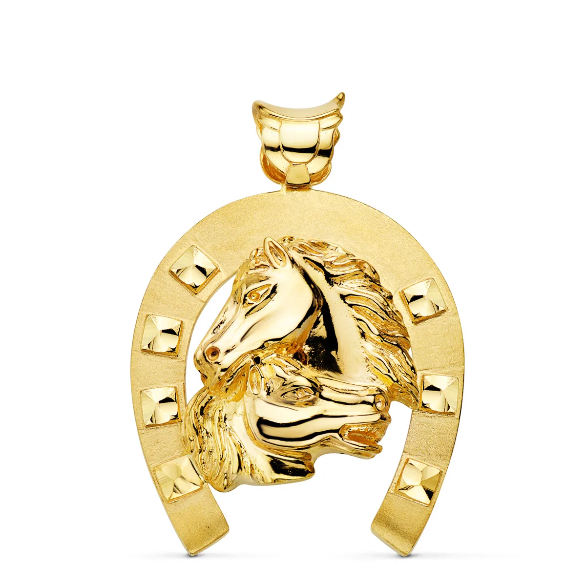 18K COLGANTE ORO AMARILLO HERRADURA CON CABALLOS 50X44 MM