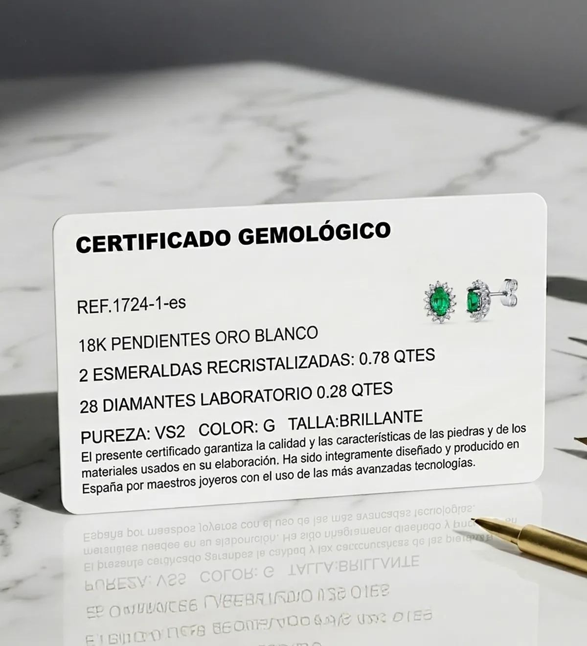 18K PENDIENTES ORO BLANCO 28 DIAMANTES DE LABORATORIO Y ESMERALDA RECRISTALIZADA 6X4 MM 0,78 QTS 0,28 QTS. VS2-G CIERRE PRESION 9,5X8 MM — vista 3