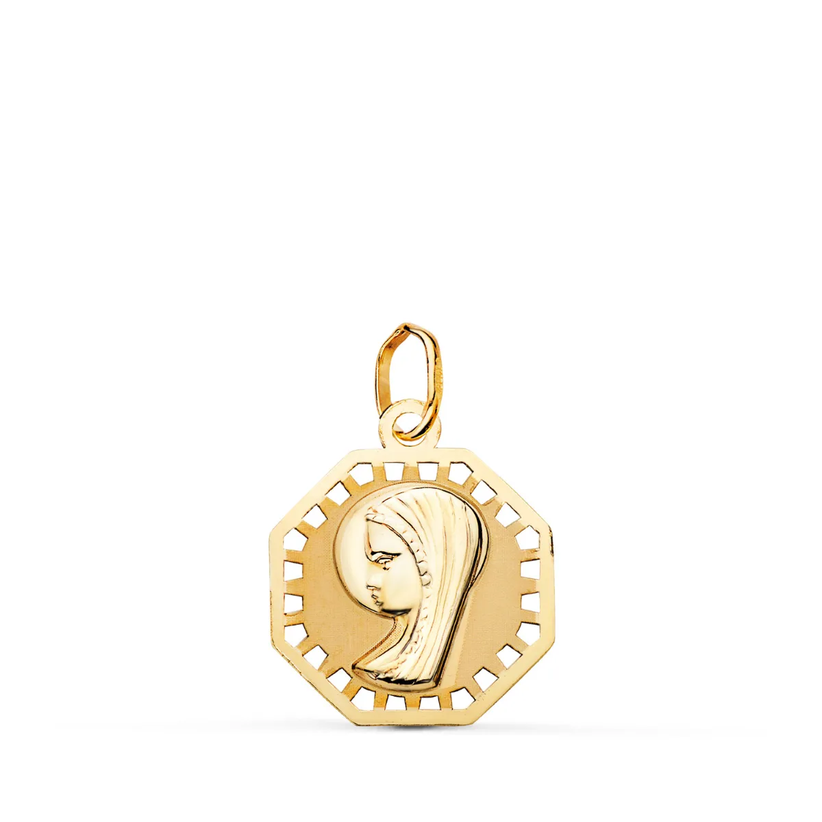 9K MEDALLA ORO AMARILLO VIRGEN NIÑA OCTOGONAL CALADA MATE Y BRILLO. MEDIDA: 17 X 15 MM