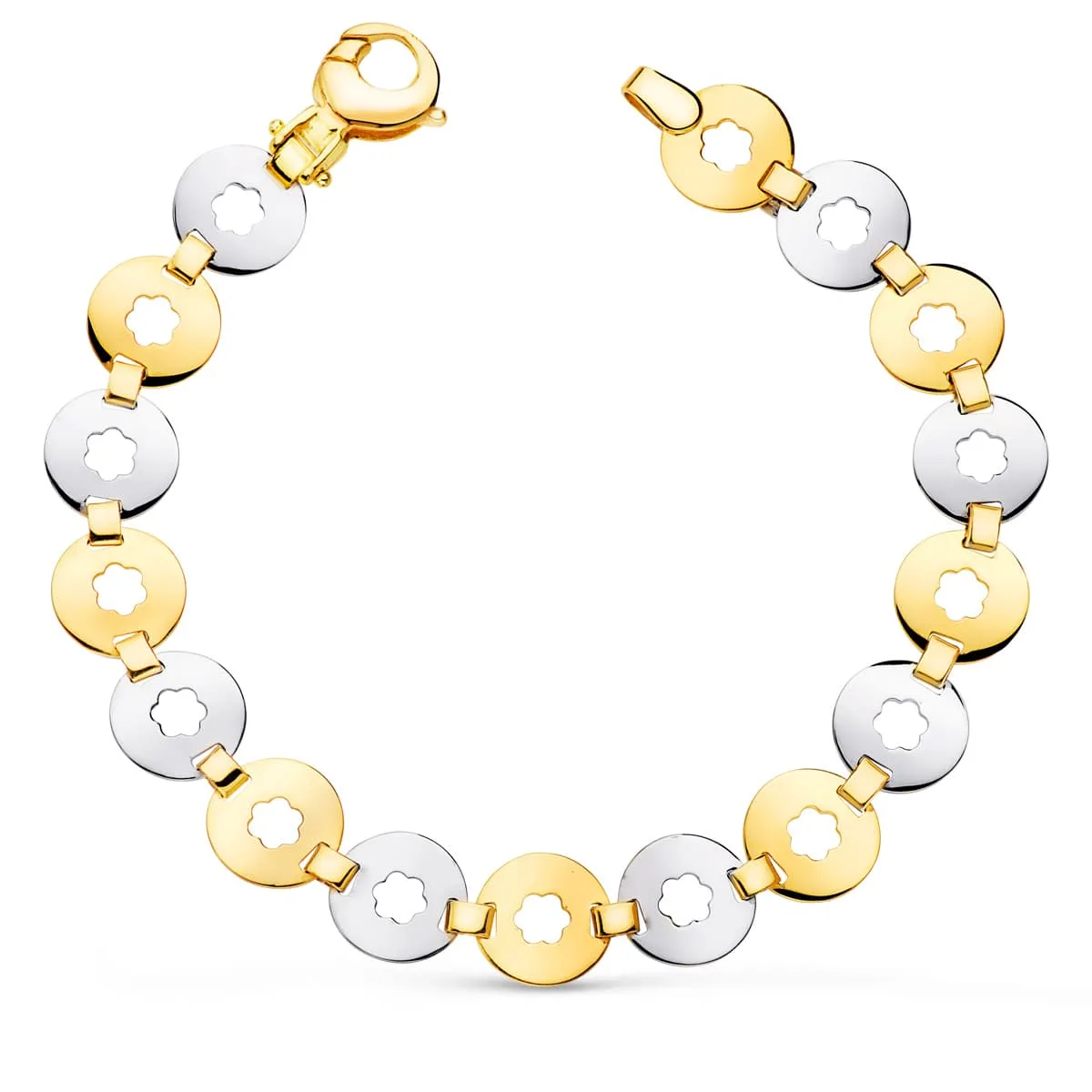 18K PULSERA ORO BICOLOR ESLABONES REDONDOS CON FLOR ANCHO 10 MM LARGO 19CM