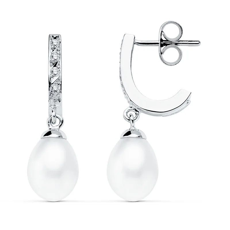 9K PENDIENTES ORO BLANCO PERLA 25X7 MM CIERRE PRESION