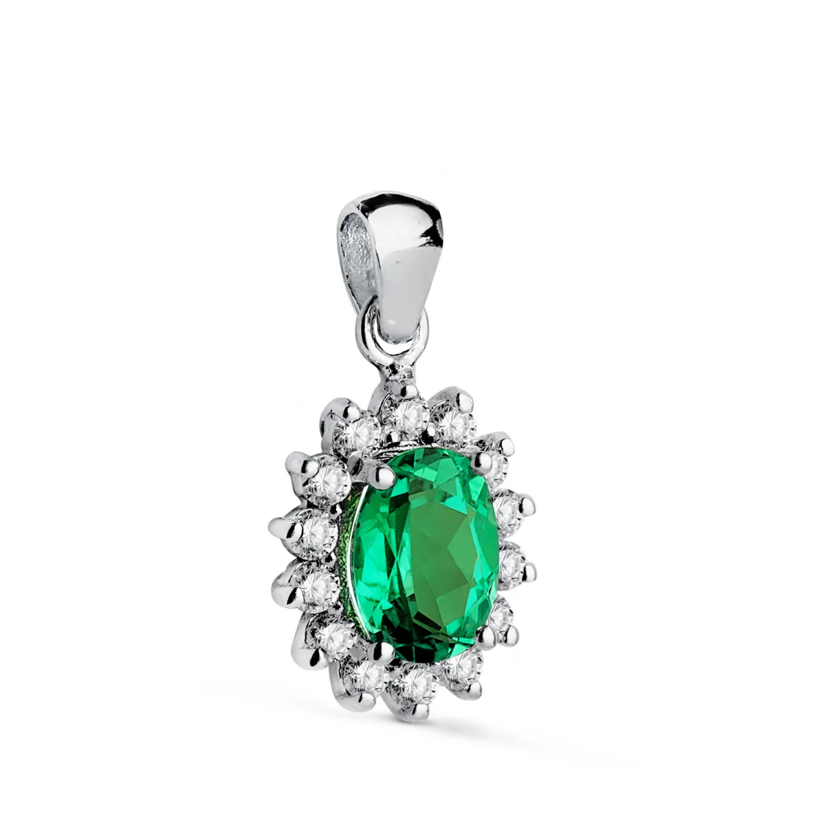 18K COLGANTE ORO BLANCO ESMERALDA RECRISTALIZADA  7X5 MM 0,75 QT. 12 DIAMANTES LABORATORIO 0,35 QTS. VS2-G. 11,5X9,5MM