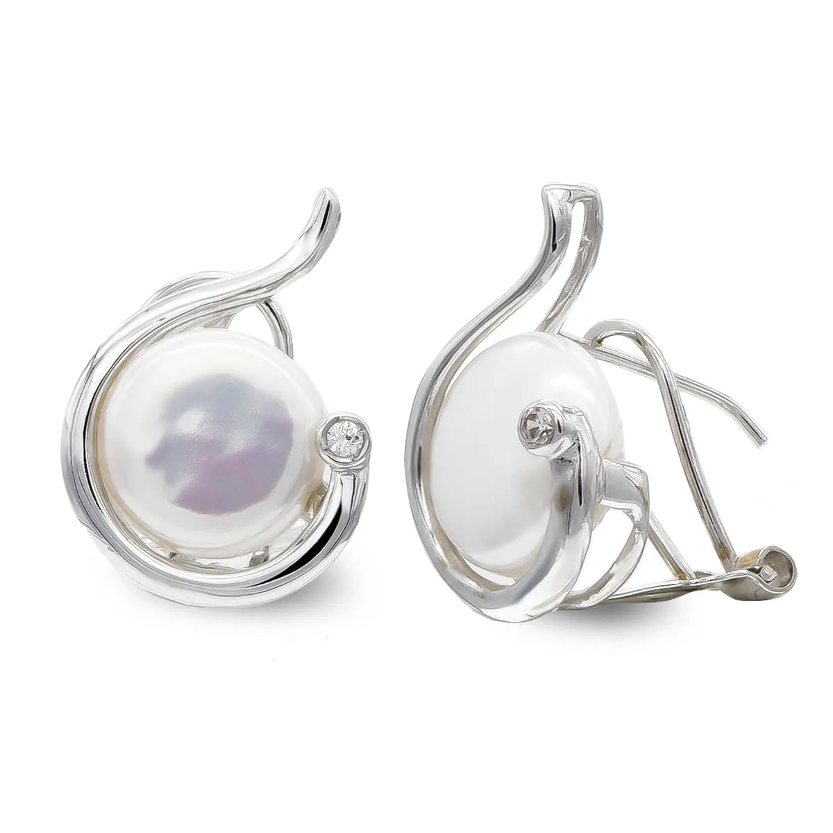 18K PENDIENTES ORO BLANCO PERLA BOTON 10 MM CIERRE OMEGA