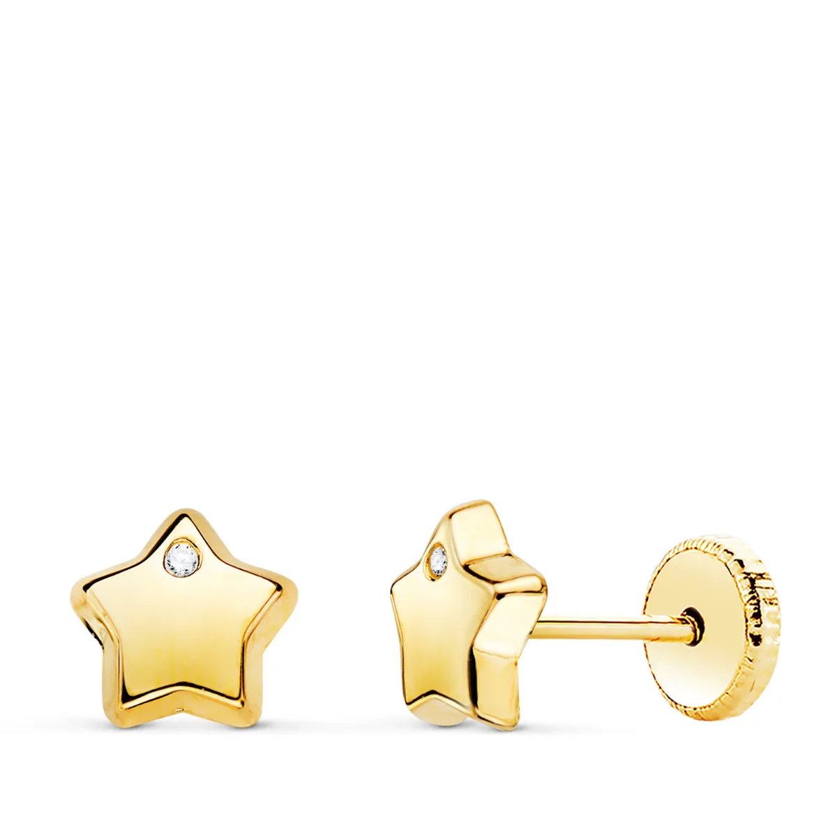 18K PENDIENTES ORO AMARILLO CON ESTRELLA Y CIRCONITA BRILLO 6,5X6,5 MM. CIERRE TUERCA
