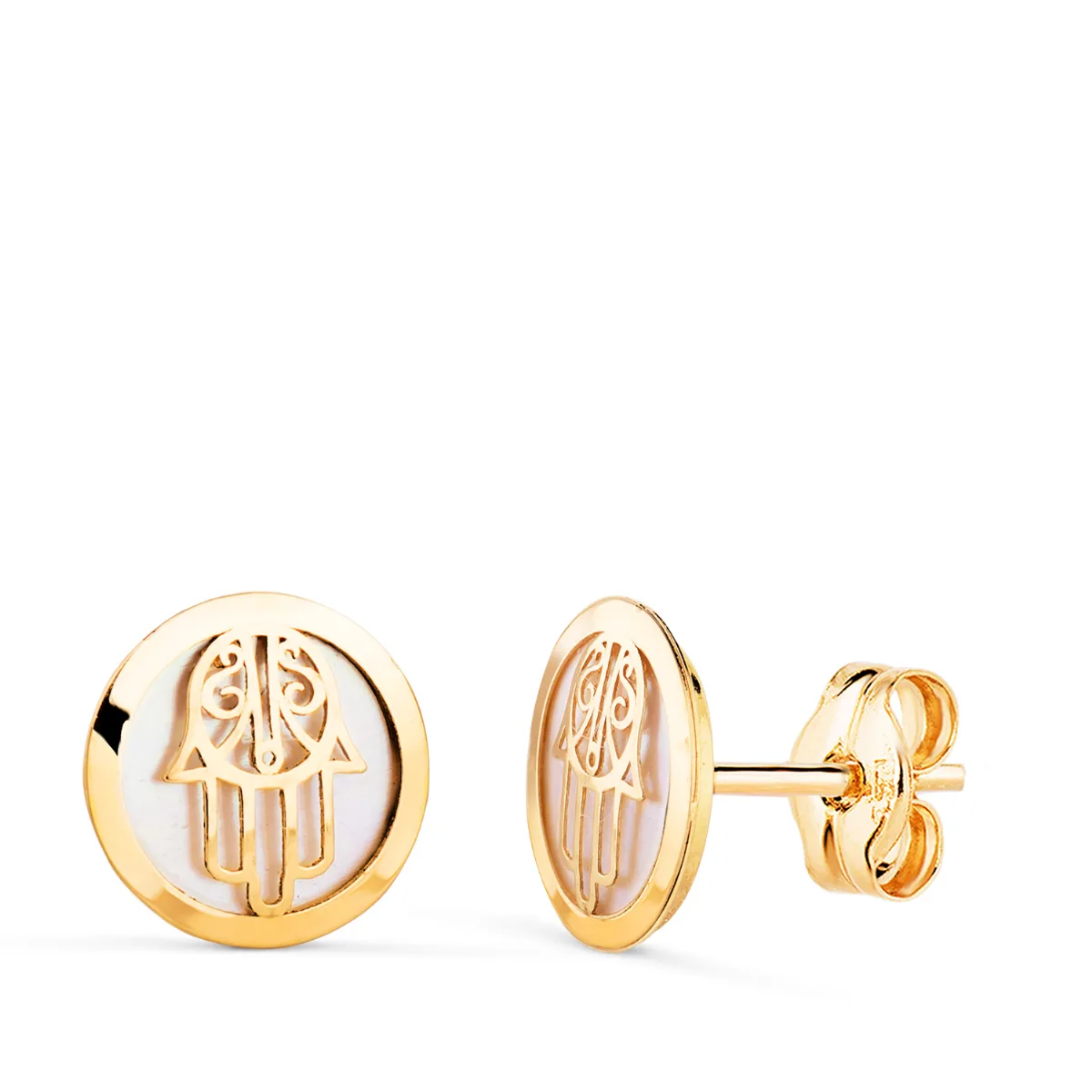 18K PENDIENTES ORO AMARILLO MANO DE FATIMA CON NACAR. MEDIDA: 8 MM. CIERRE PRESION