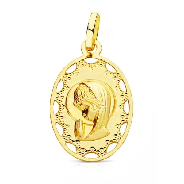 18K MEDALLA ORO AMARILLO VIRGEN NIÑA OVAL CERCO CALADO 23X14 MM