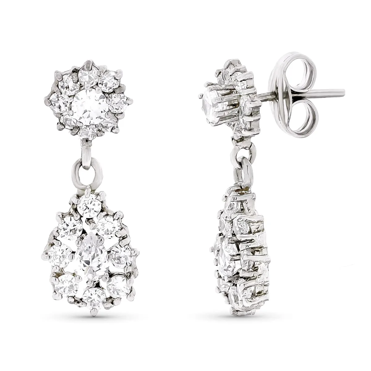 18K PENDIENTES ORO BLANCO LARGOS CIRCONITA 21X8 MM CIERRE A PRESIÓN