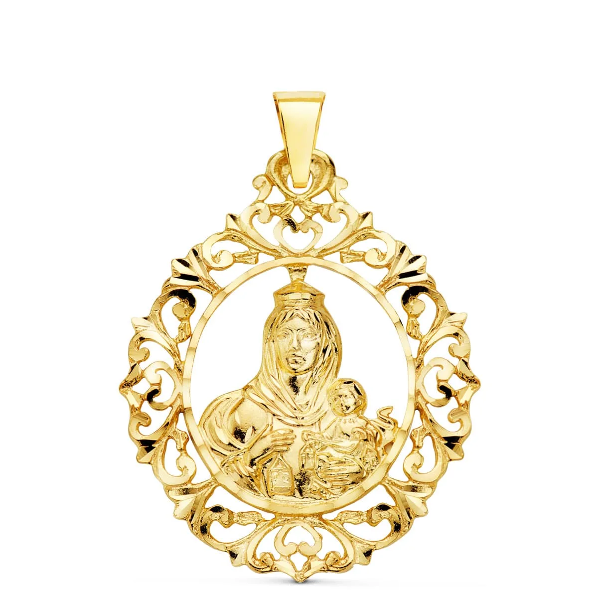 18K MEDALLA ORO AMARILLO VIRGEN DEL CARMEN ORLA FILIGRANA 37X30 MM