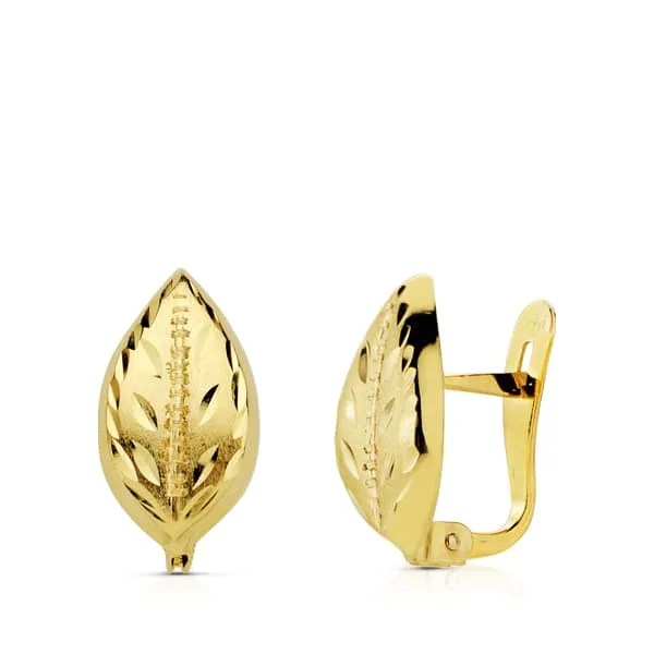 18K PENDIENTES ORO AMARILLO HOJA LAPIDADOS 12X7 MM CIERRE CATALÁN