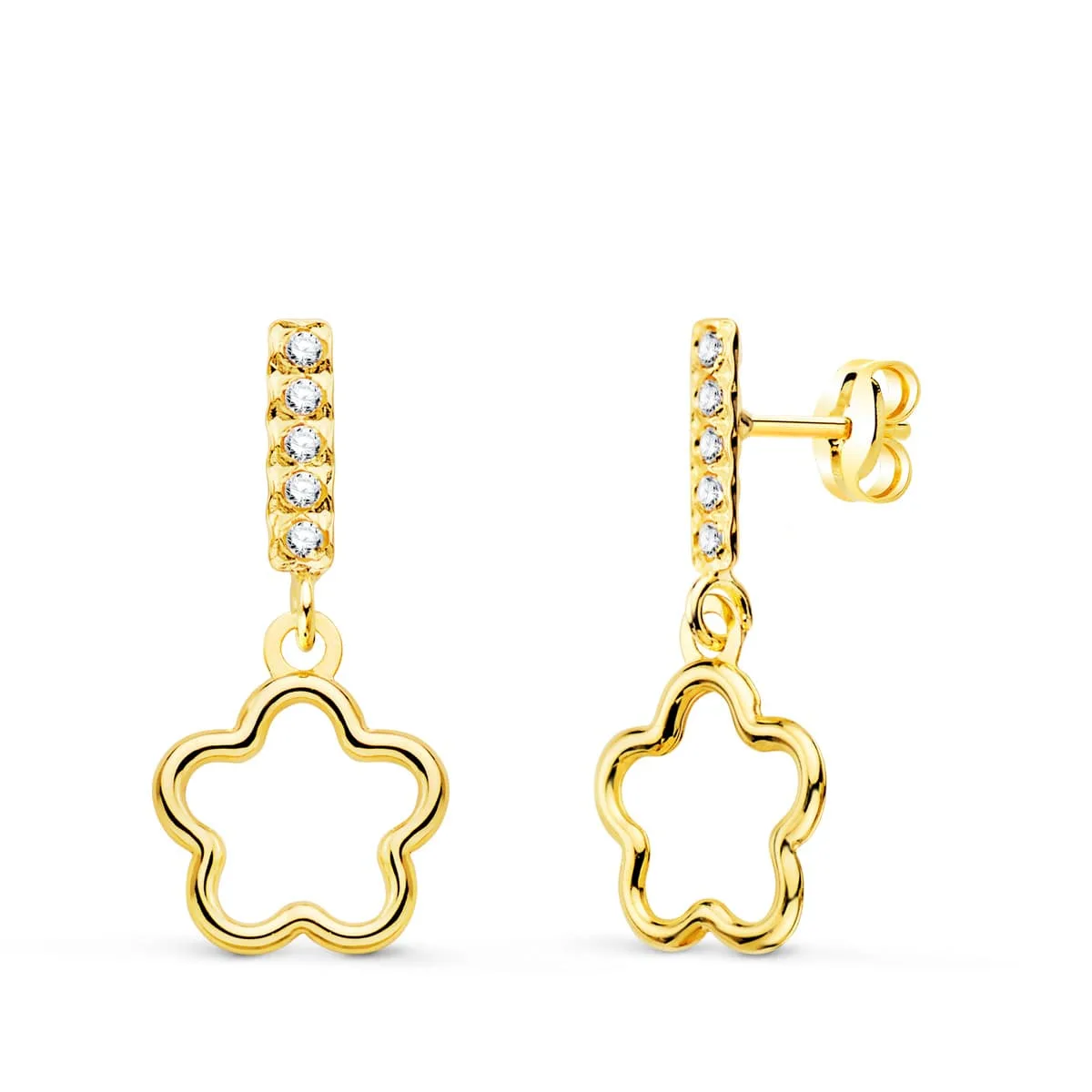 18K PENDIENTES ORO AMARILLO DOS CUERPOS COLGANTE FLOR Y CIRCONITA 18X8 MM