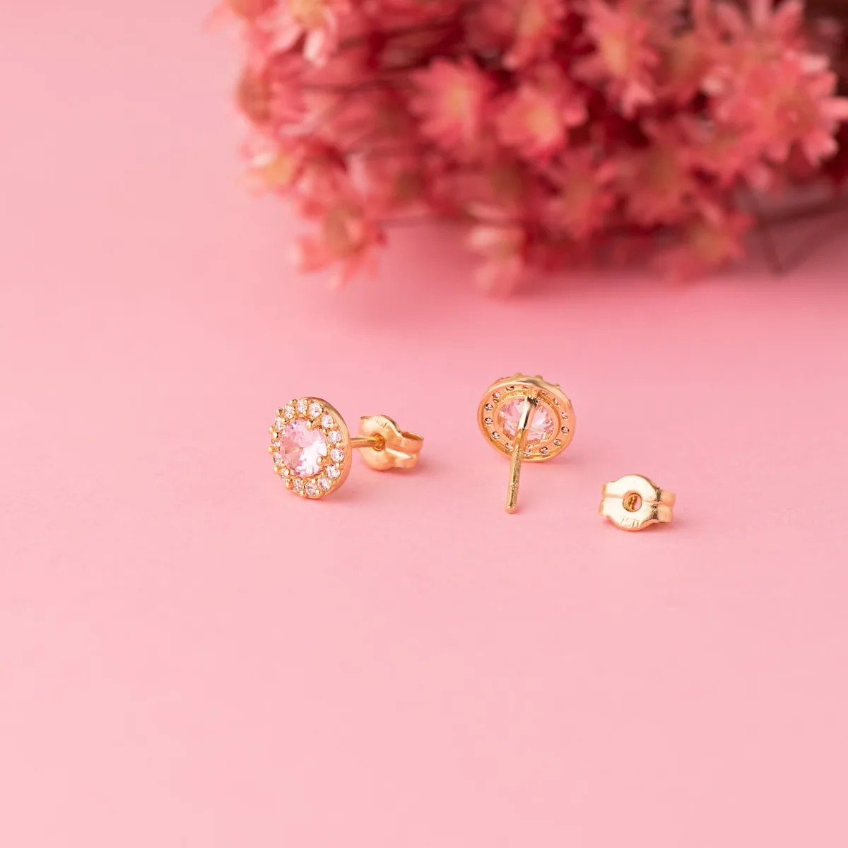 18K PENDIENTES ORO AMARILLO REDONDOS CIRCONITA Y PIEDRA ROSA 6,5 MM. CIERRE PRESION — vista 2