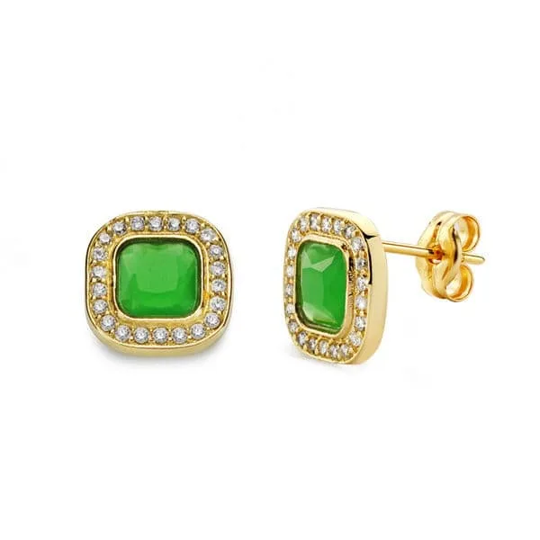 18K PENDIENTES ORO AMARILLO PIEDRA VERDE 9X9 MM CIERRE PRESION