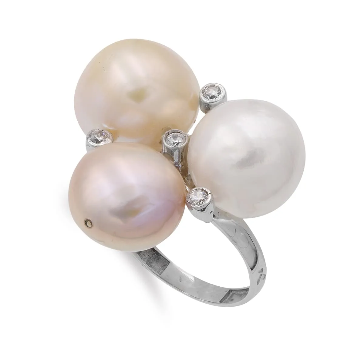 18K SORTIJA ORO BLANCO CON CIRCONITA Y 3 PERLA BARROCAS ANCHO 25X25 MM
