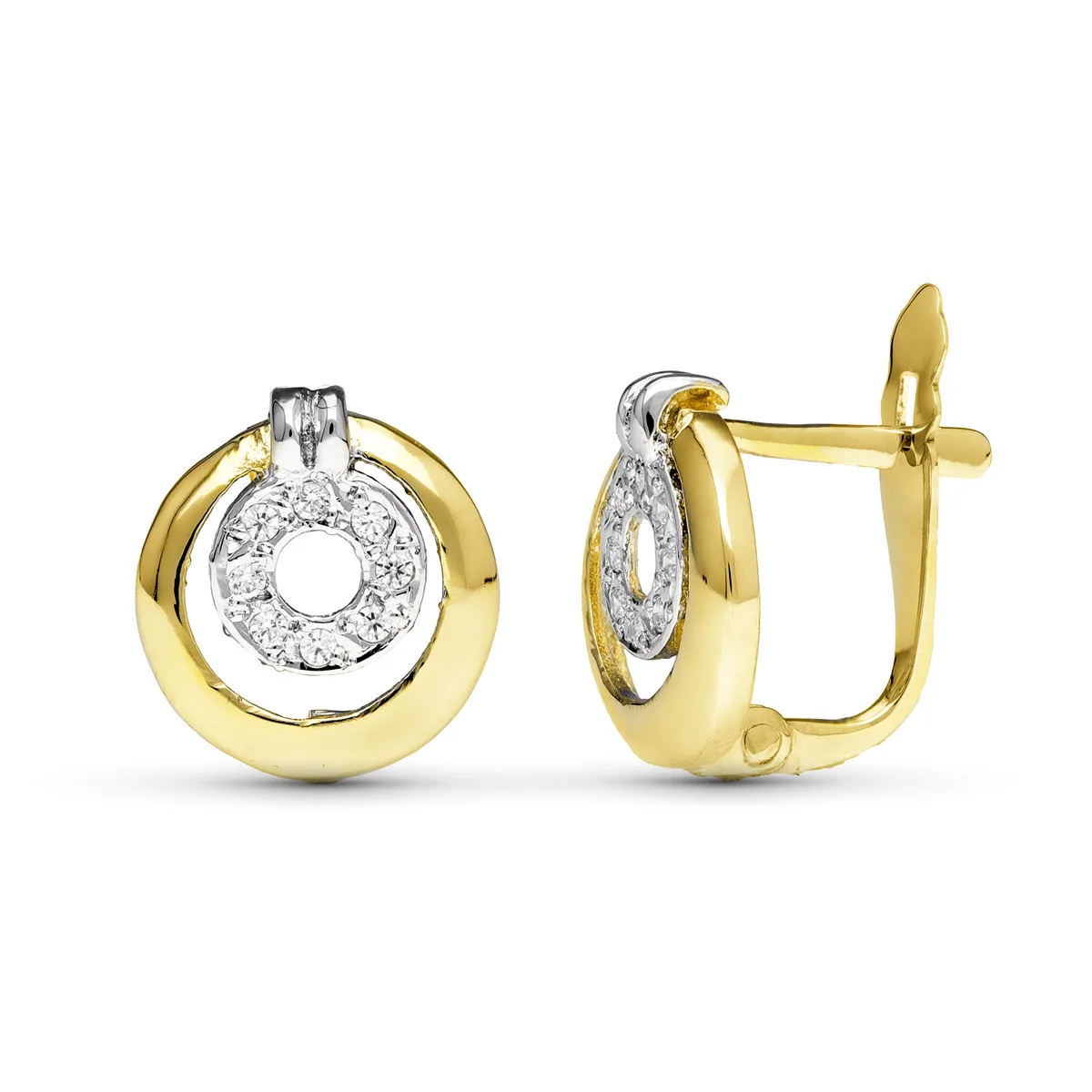 9K PENDIENTES ORO BICOLOR CIRCONITA 11X10 MM CIERRE CATALAN
