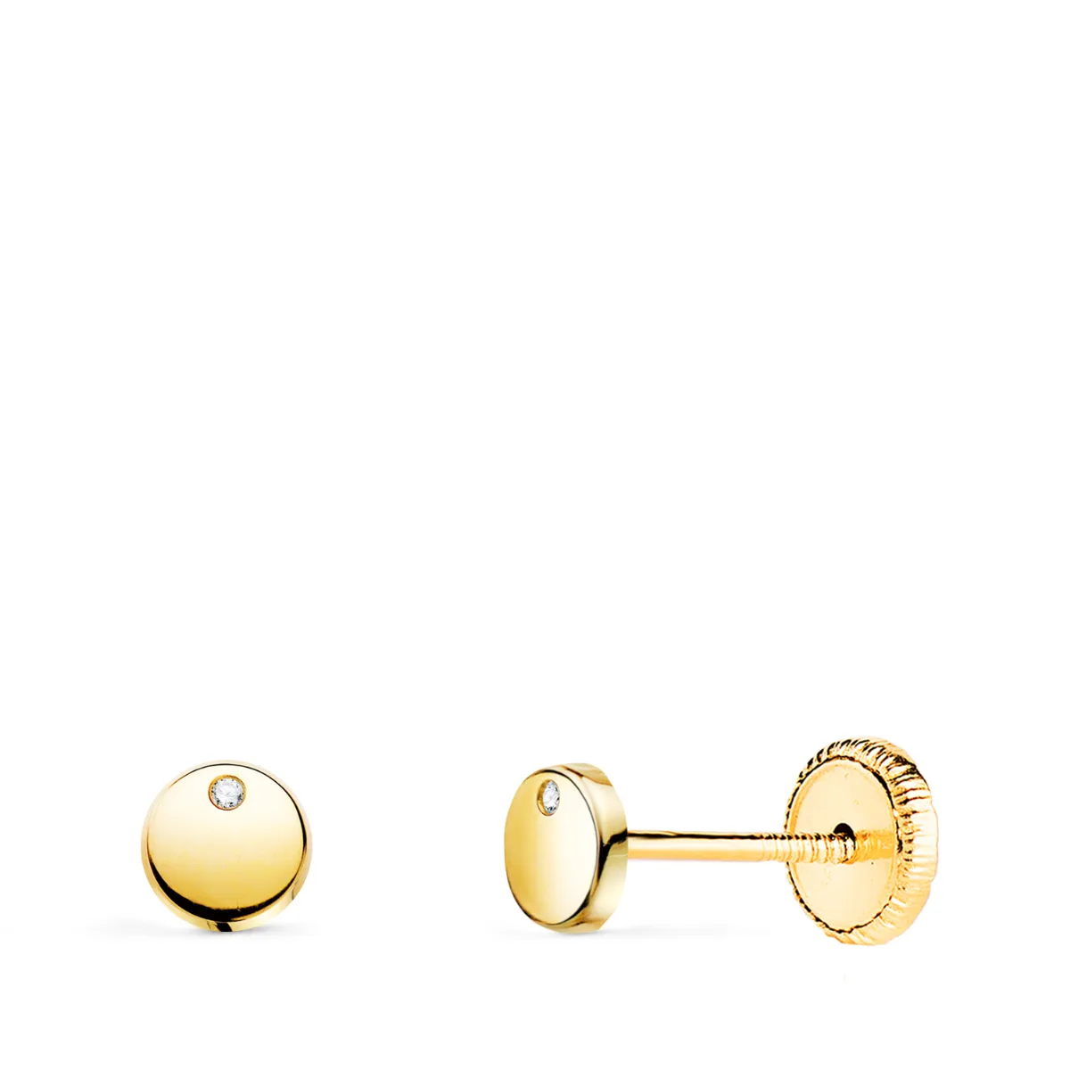 18K PENDIENTES ORO AMARILLO REDONDOS BRILLO CON CIRCONITA 4,5 MM. CIERRE TUERCA