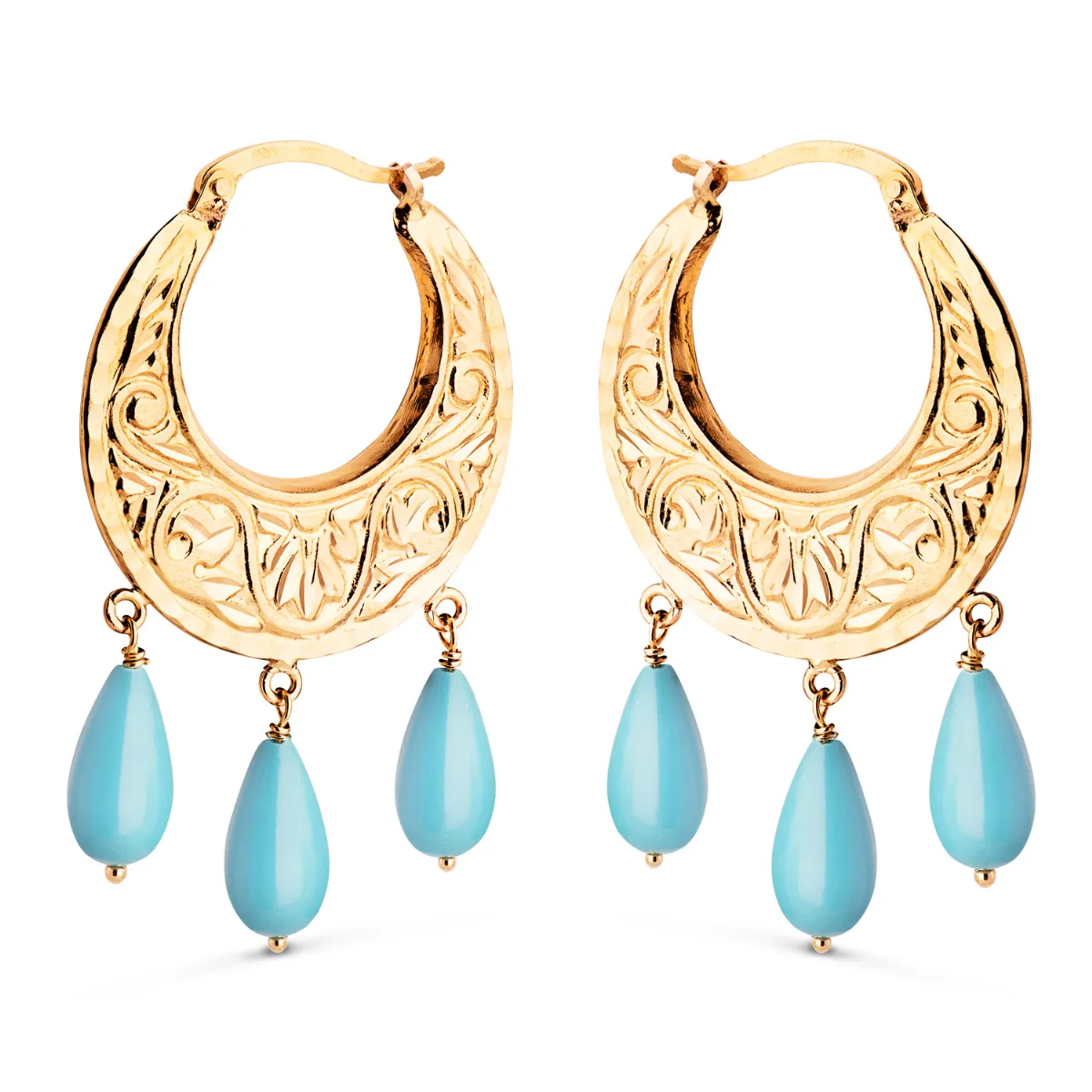 18K PENDIENTES AROS ORO AMARILLO TALLADOS PLANOS CON 3 COLGANTES DE TURQUESA. ANCHO: 25 X 2 MM. CIERRE CLIP