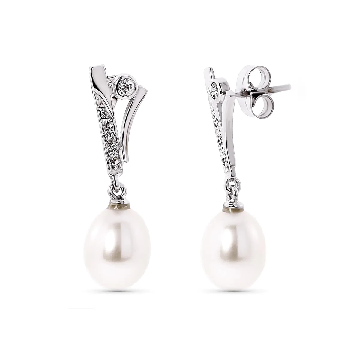 18K PENDIENTES ORO BLANCO PERLA PERA Y CIRCONITA CIERRE PRESION