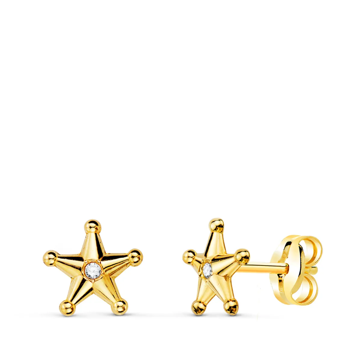 18K PENDIENTES ORO AMARILLO ESTRELLA SHERIFF CON BOLITAS Y CIRCONITAS. 7X7 MM CIERRE PRESION