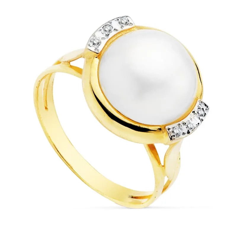 18K SORTIJA BICOLOR PERLA JAPONESA CON CIRCONITA 12 MM