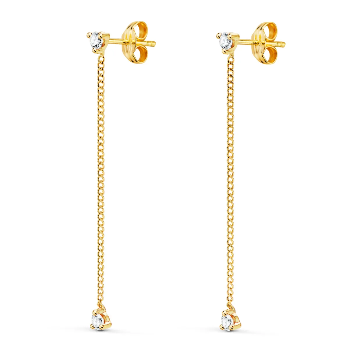 18K PENDIENTES ORO AMARILLO LARGOS CON CADENA Y CIRCONITA 42 MM. CIERRE PRESION