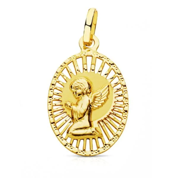 18K MEDALLA ORO AMARILLO ANGEL CERCO CALADO 22X14 MM