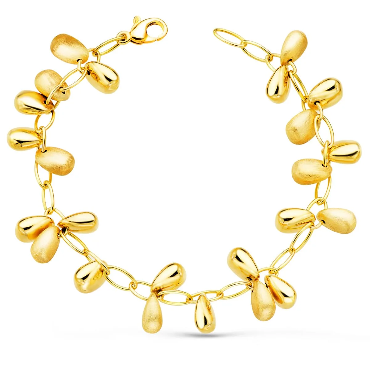 18K PULSERA ORO AMARILLO ESLABONES CON COLGANTES MATE Y BRILLO 19.5 CM
