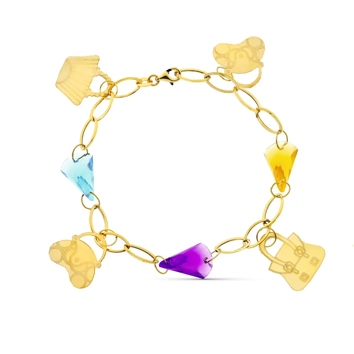 18K PULSERA ORO AMARILLO PIEDRAS COLORES Y MOTIVOS.