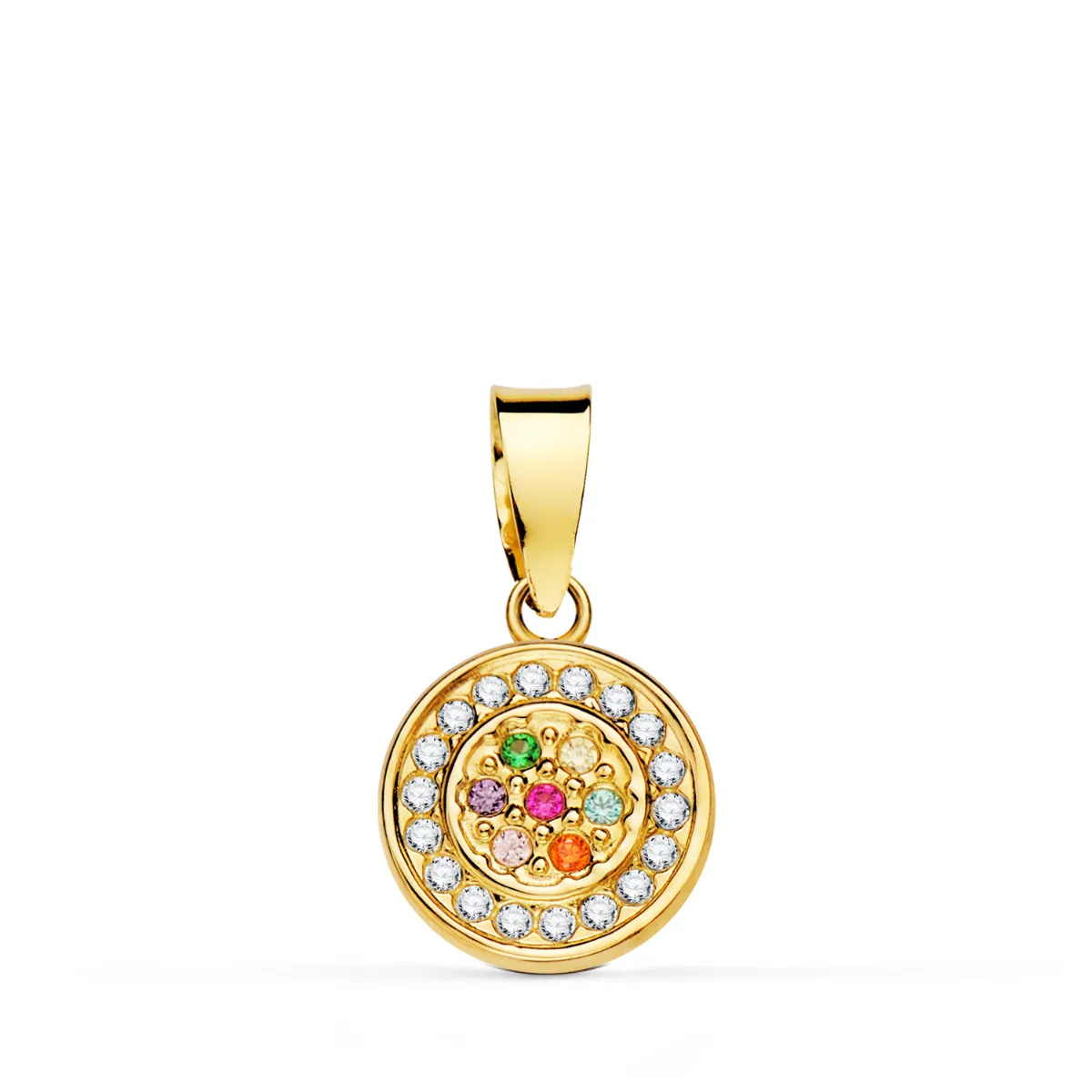 18K COLGANTE ORO AMARILLO CON CIRCONITA BLANCAS Y MULTICOLOR. DIAMETRO: 9MM