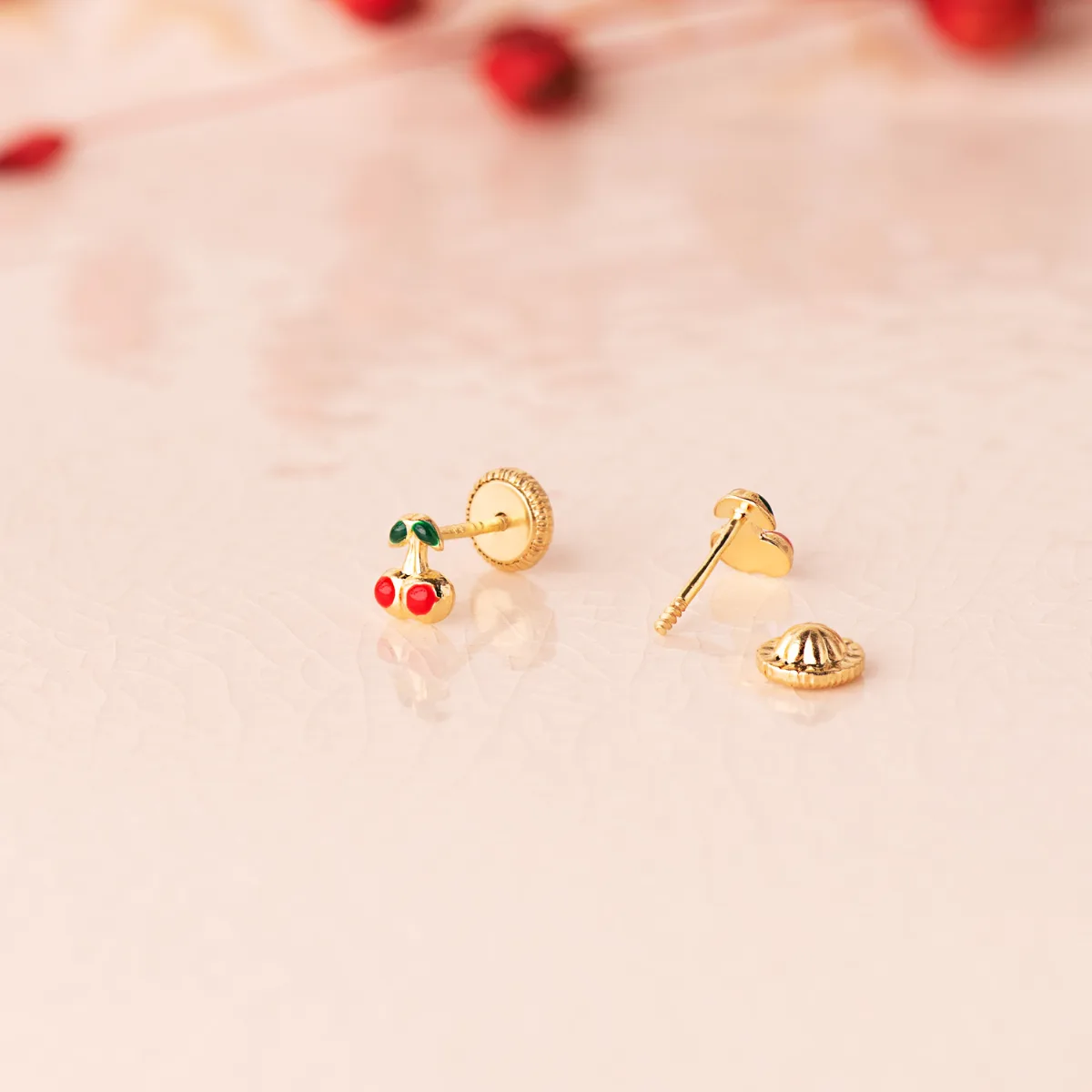 18K PENDIENTES ORO AMARILLO CEREZAS ESMALTE 5X4 MM. CIERRE TUERCA — vista 2
