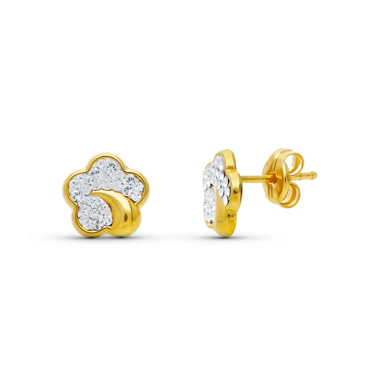 18K PENDIENTES ORO AMARILLO FLOR CIRCONITA 7X7 MM CIERRE PRESION