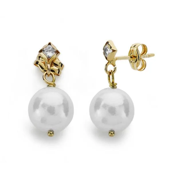 18K PENDIENTES LARGOS ORO AMARILLO PERLA CIRCONITA 17X8 MM CIERRE PRESION