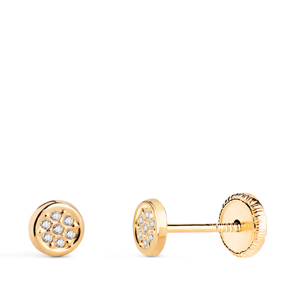 18K PENDIENTES ORO AMARILLO REDONDOS CON CIRCONITAS MEDIDA: 4,5 MM. CIERRE TUERCA