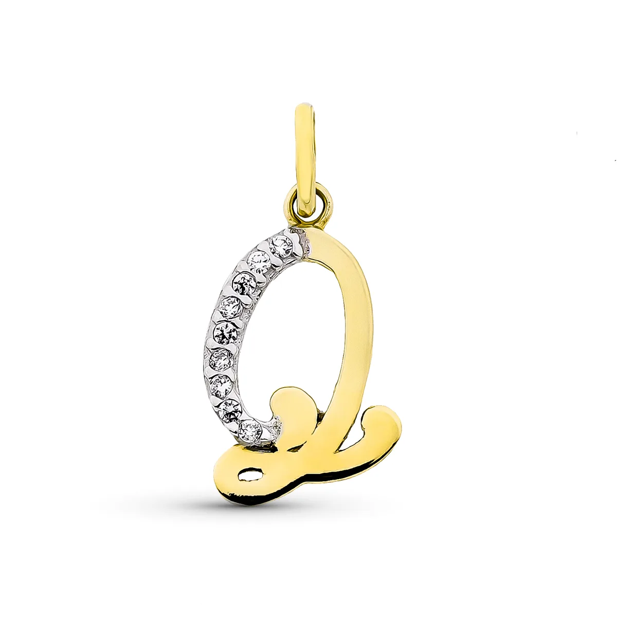 9K COLGANTE LETRA Q CON CIRCONITA ORO AMARILLO 15X12 MM