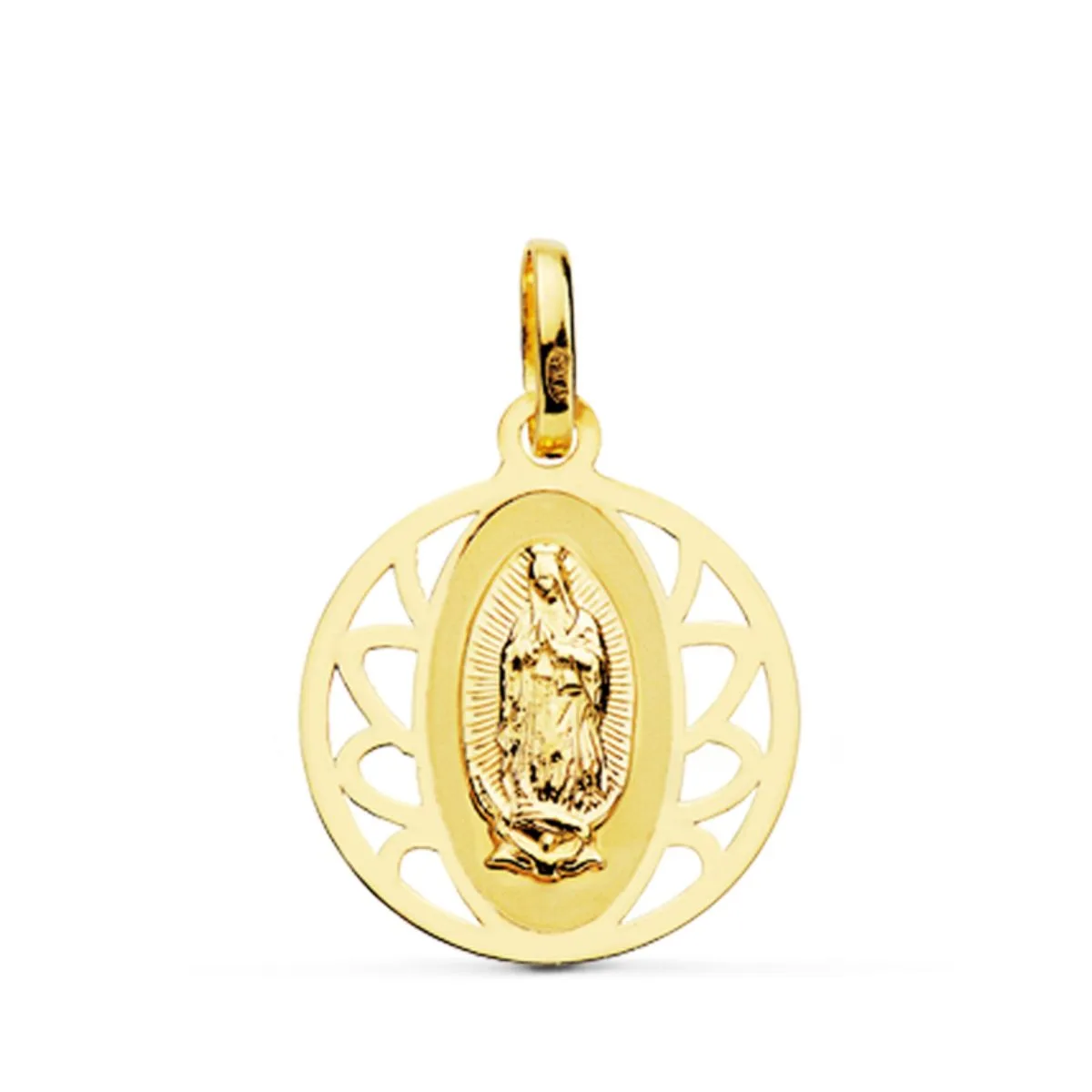 18K MEDALLA ORO AMARILLO VIRGEN GUADALUPE CERCO REDONDO 16 MM