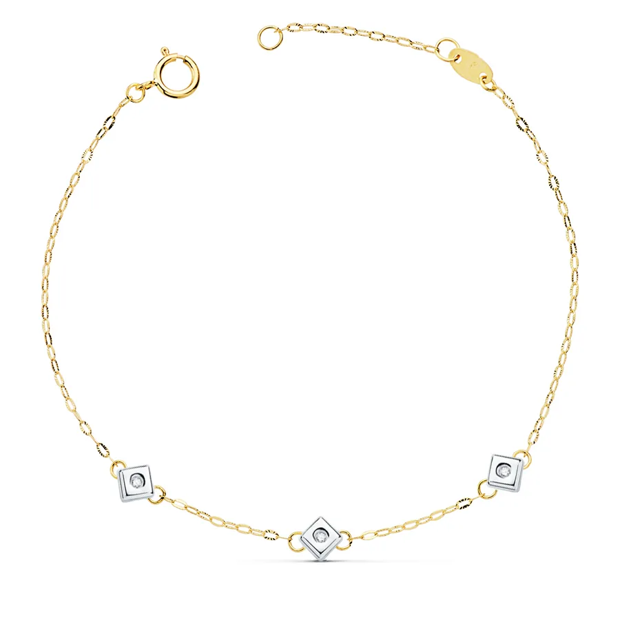 18K PULSERA ORO BICOLOR CHATON DE 3 ROMBOS CON DIAMANTES LABORATORIO  0,045 QTS. VS2-G. LARGO: 17CM