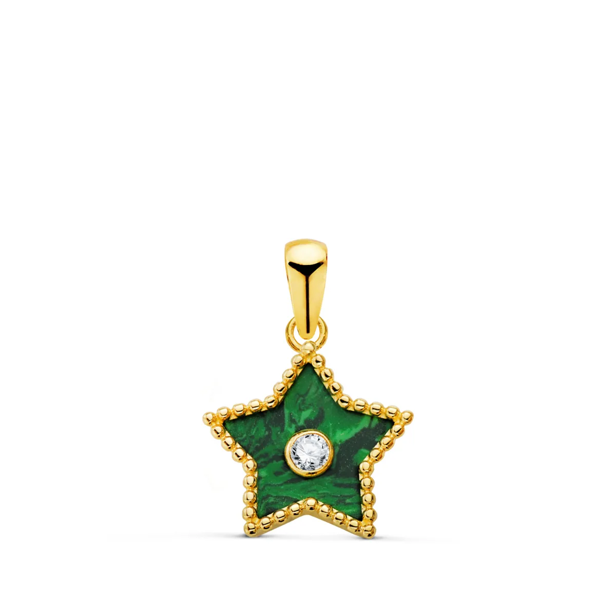 18K COLGANTE AMULETO ORO AMARILLO ESTRELLA CERCO BOLITAS Y MALAQUITA CON CIRCONITA 12X11 MM.