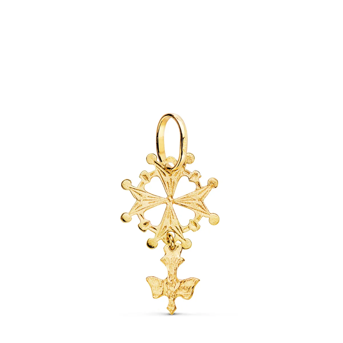 18K CRUZ DE HUGUENOTTE ORO AMARILLO CON PALOMA. 24 X 14 MM