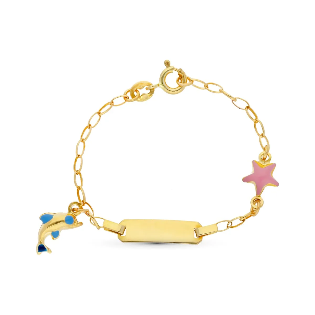 18K ESCLAVA ORO AMARILLO DELFIN Y ESTRELLA ESMALTE 13CM