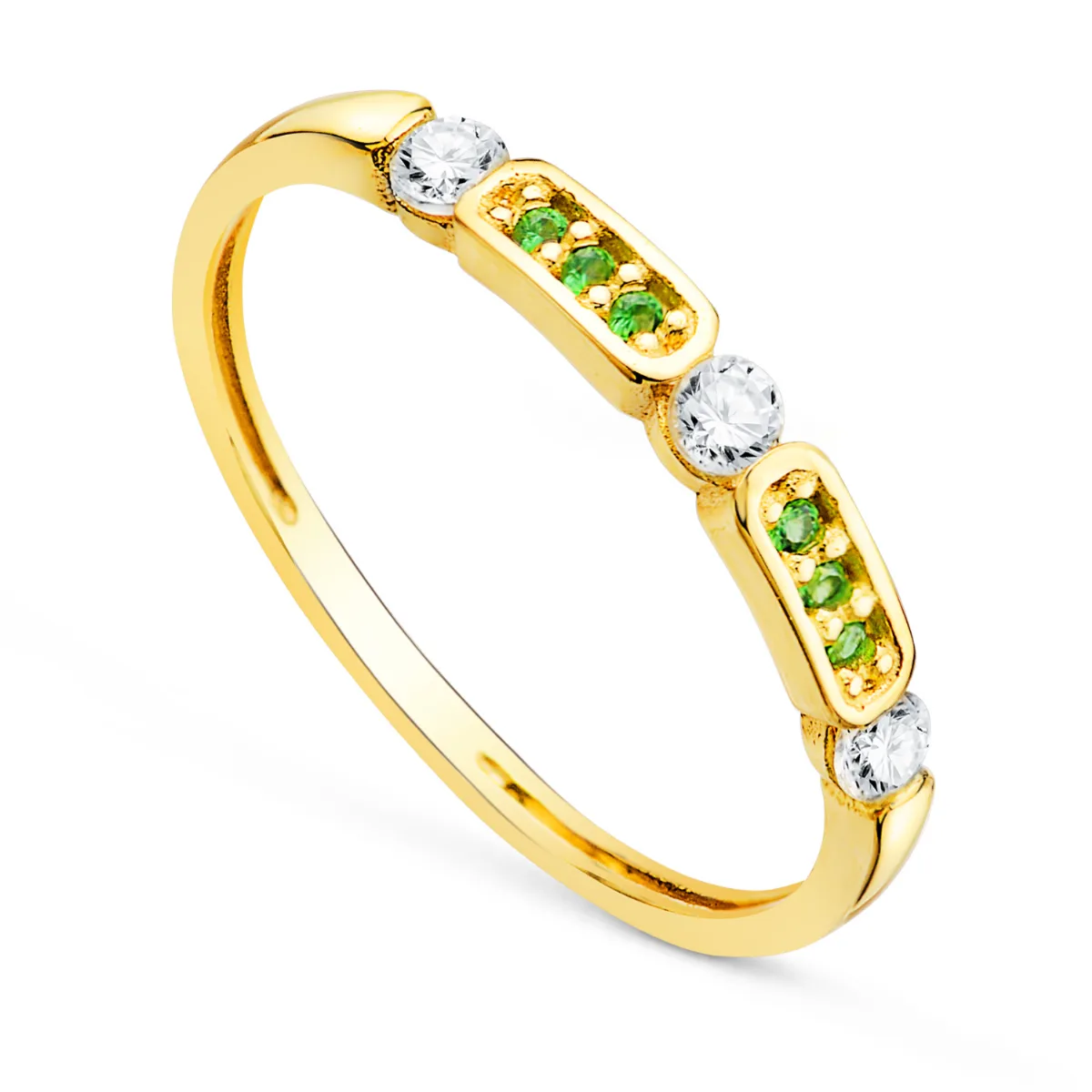 18K SORTIJA ORO AMARILLO CON CIRCONTIAS VERDES Y BLANCAS. ANCHO 2.5MM